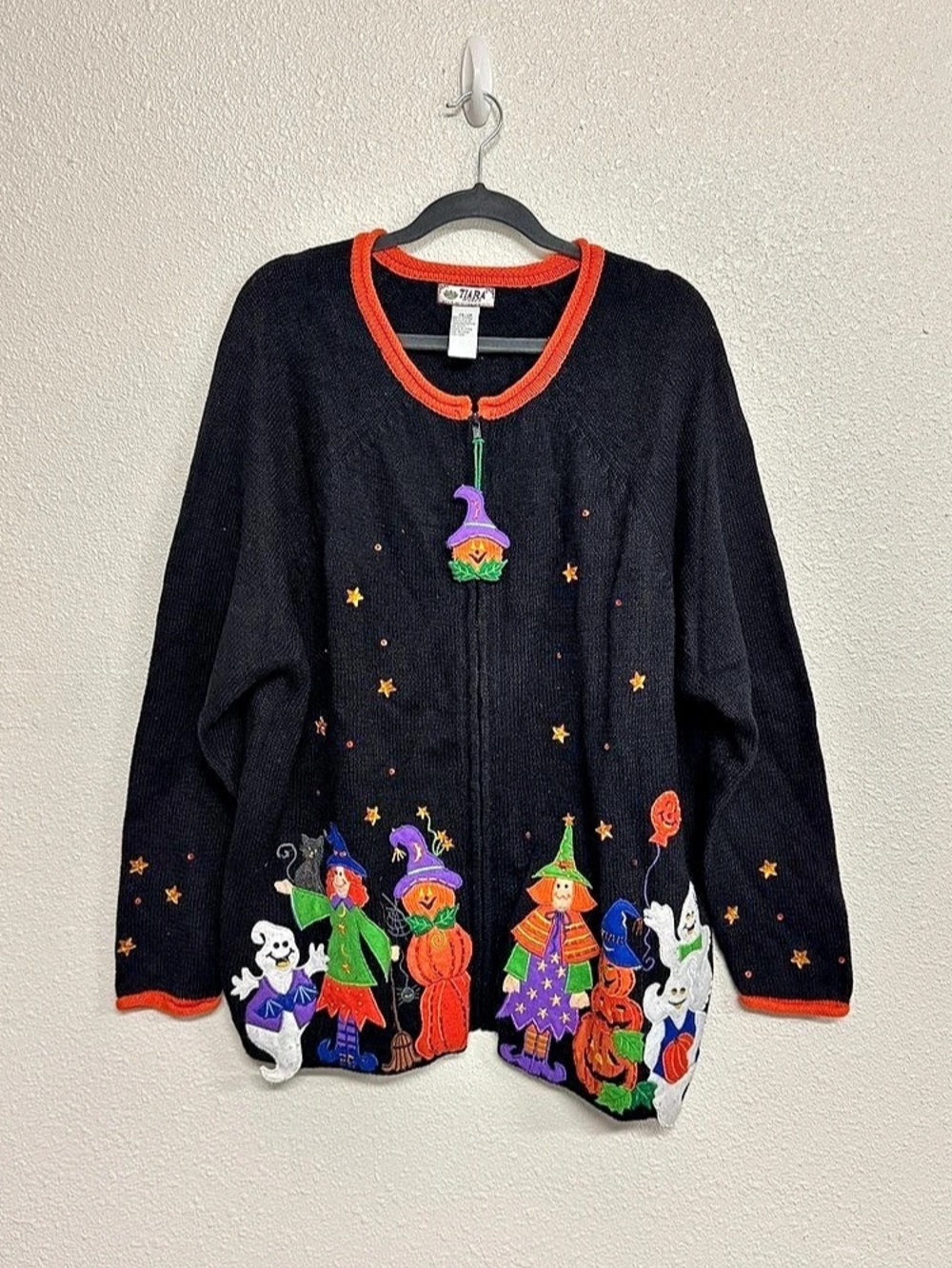 VTG 90s Tiara International Halloween Embroidered Sweater Cardigan Size 26/28